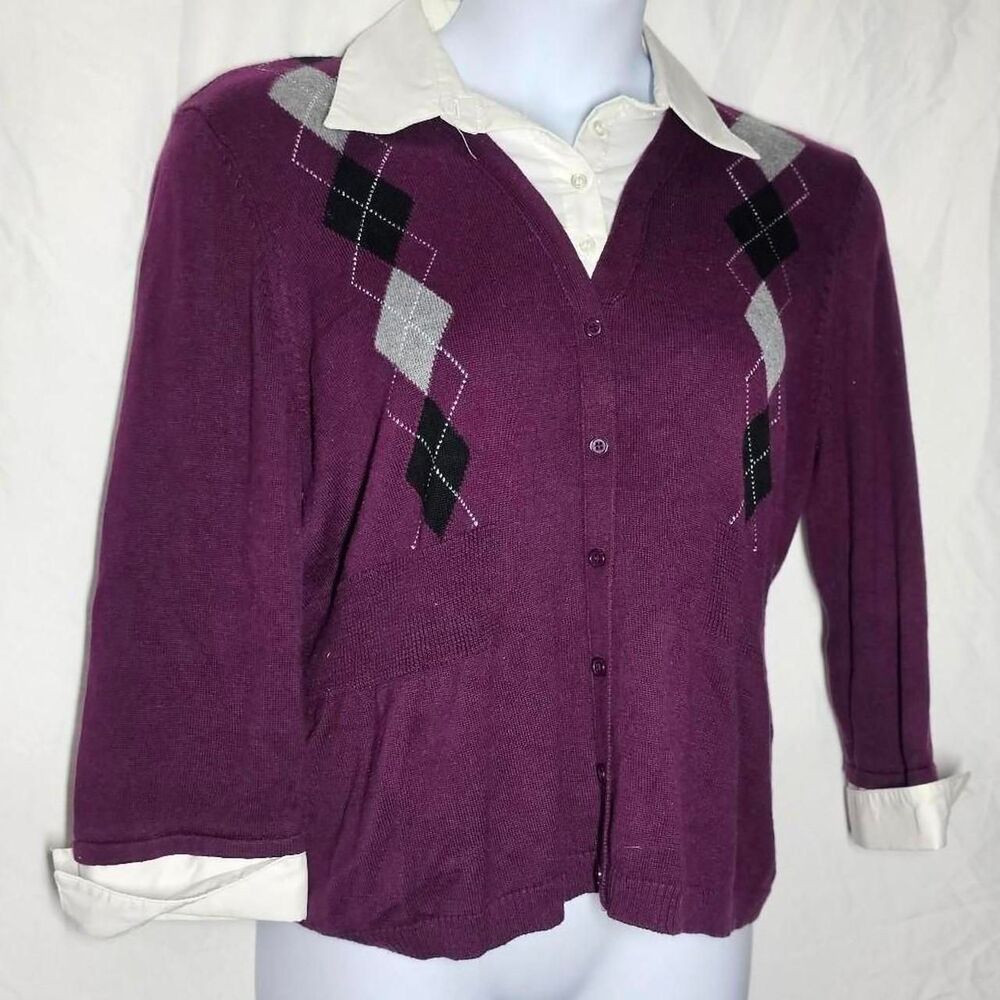 vintage y2k purple argyle preppy 3/4 sleeve preppy faux collar top